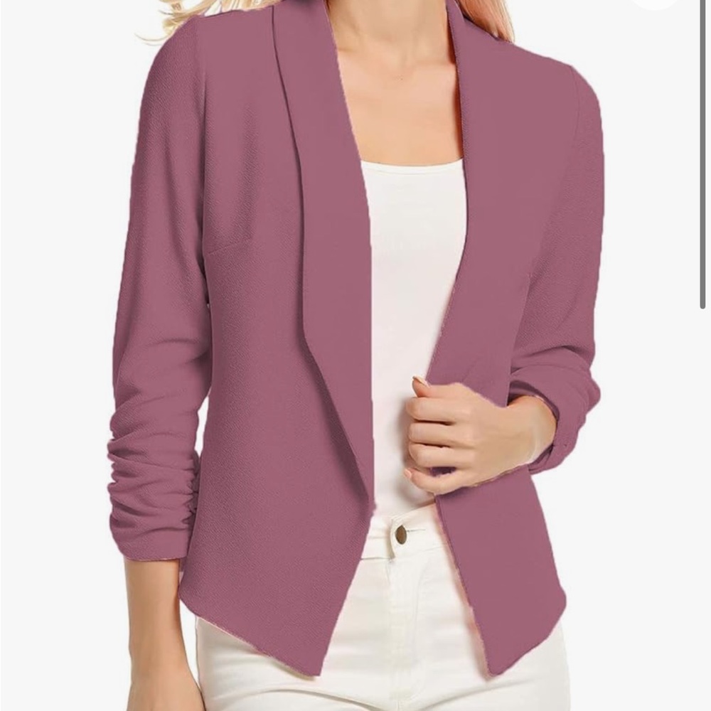 3/4 length Ruched sleeves Open Front Blazer pink grey